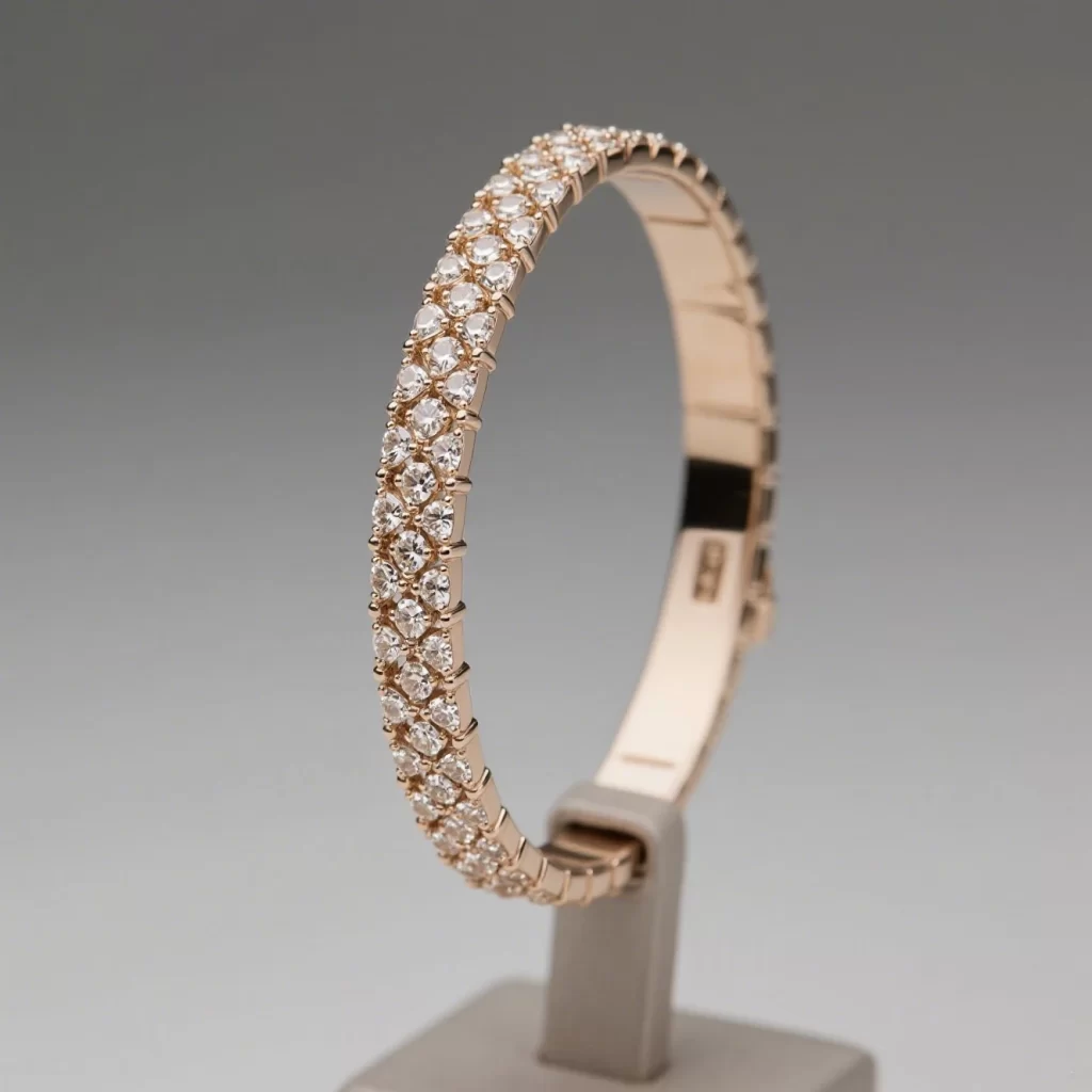 Close-up view of a sparkling diamond ring featuring a PVD-coated rose gold band, displayed on a sleek metallic stand against a neutral gray background, highlighting intricate diamond settings and luxurious finish.