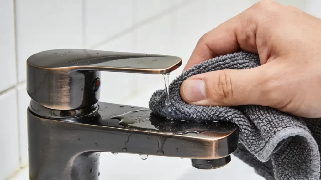 A hand wiping a dark bronze PVD-coated faucet with a gray microfiber cloth, water droplets visible on the surface.