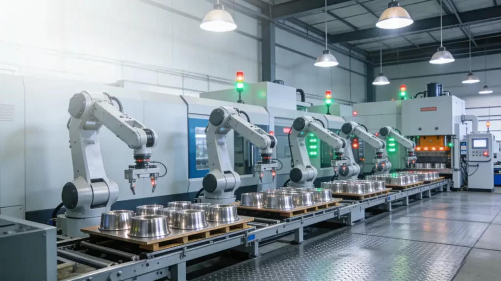 Modern automated factory production line with robotic arms handling metal components, illustrating scalable mass production for PVD decorative coatings.
