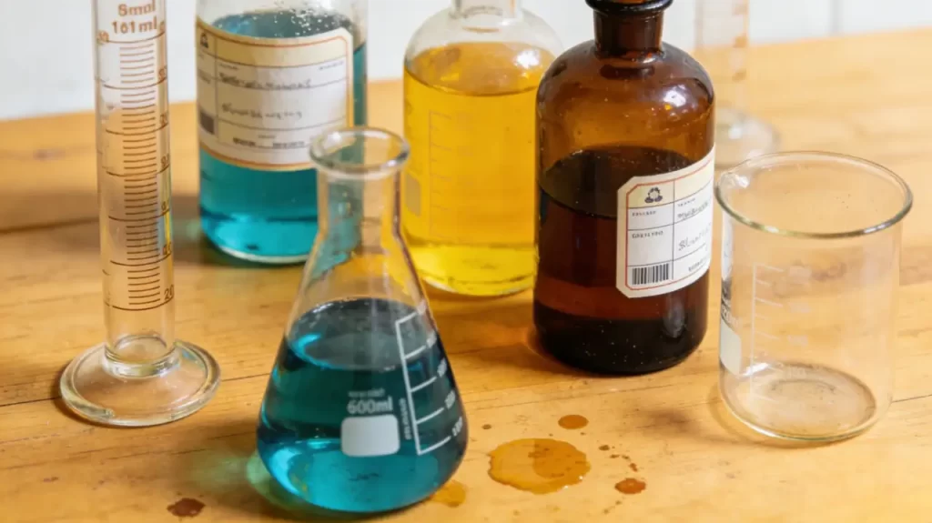 Various glass lab containers with colored liquids (blue, yellow, brown) on a wooden table, representing chemical substances.