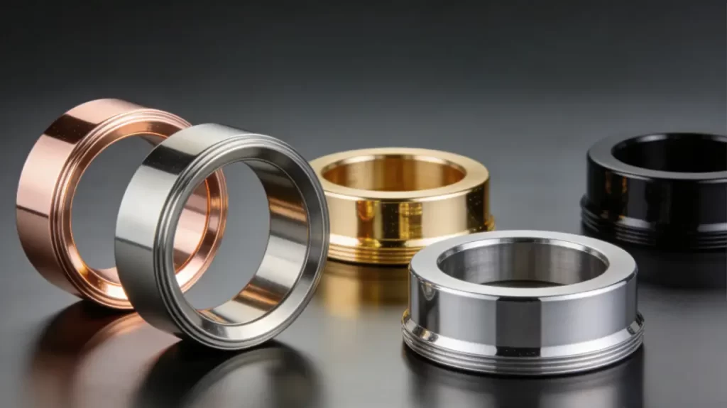 Close-up of five precision-engineered metal rings with rose gold, silver, gold, and black PVD decorative coatings, showcasing high-gloss metallic finishes.