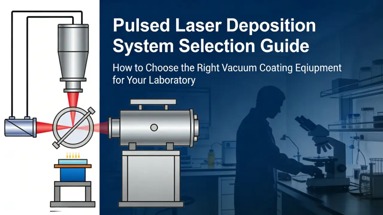 Cover of Pulsed Laser Deposition System Selection Guide, featuring PLD schematic diagram, vacuum chamber, lab silhouette, and title text on dark blue background.