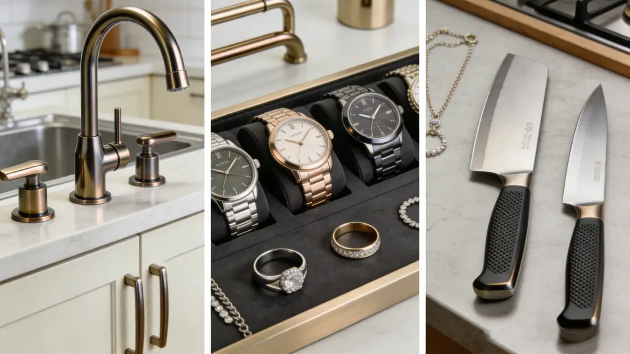 Collage of PVD-coated products: bronze kitchen faucet, luxury watches/jewelry in a box, and two kitchen knives with black handles.