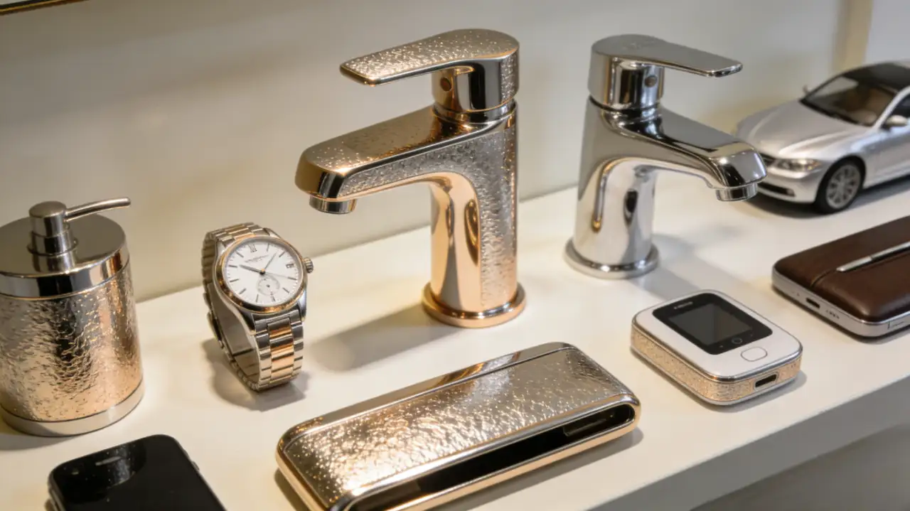 Collection of premium products (watch, faucets, electronics, car model) with PVD decorative coatings, demonstrating diverse real-world applications.