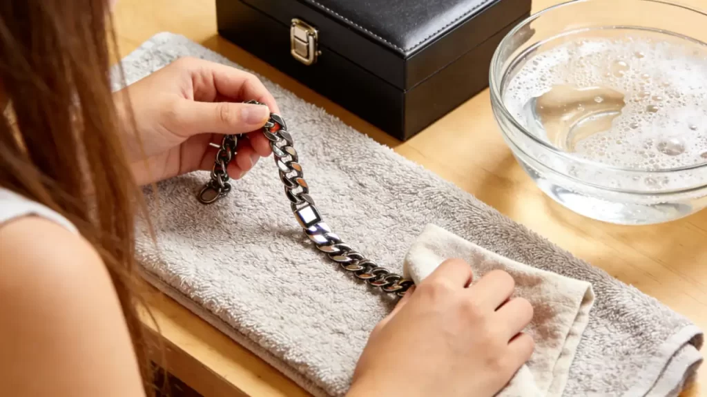 Person cleaning a PVD coated curb chain bracelet with a soft cloth next to a bowl of soapy water and a jewelry storage box.