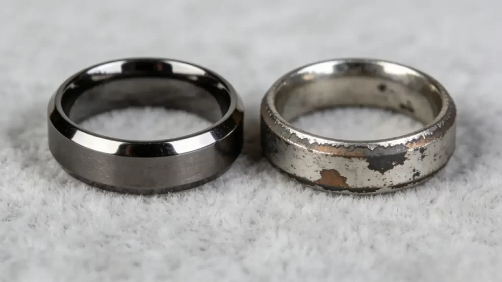 Side-by-side comparison of a well-preserved PVD coated ring and a heavily tarnished, peeling gold plated ring on a light fabric surface.