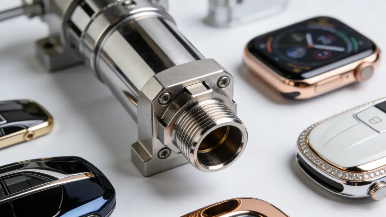 Close-up of a polished stainless steel vacuum interface valve (for Reactive Ion Etching and PVD processes) surrounded by luxury accessories including a rose gold Apple Watch and car key fobs on a white background.