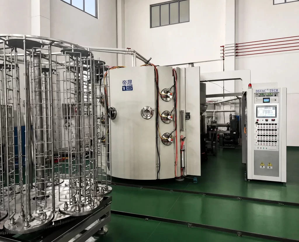 Mid-frequency magnetron PVD vacuum coating machine installed at the customer's facility in Guangdong.
